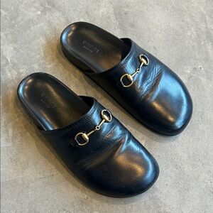 Gucci Black Leather Slides with Gold horsebit loafers size 37 1/2